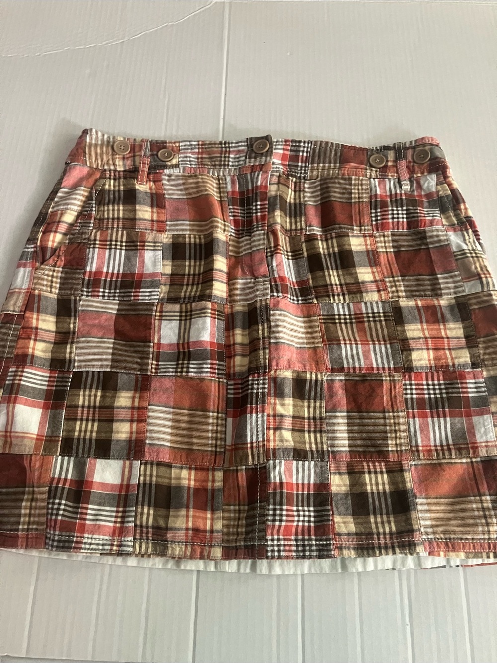LOFT Plaid Patchwork Mini Skirt in Rust, Brown and Cream